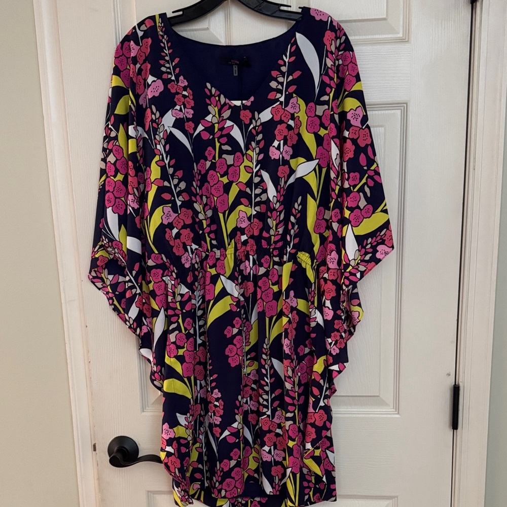 Trina Turk Navy Pink and Yellow Floral Kimono Cover-up Beach Cruise Mini Dress